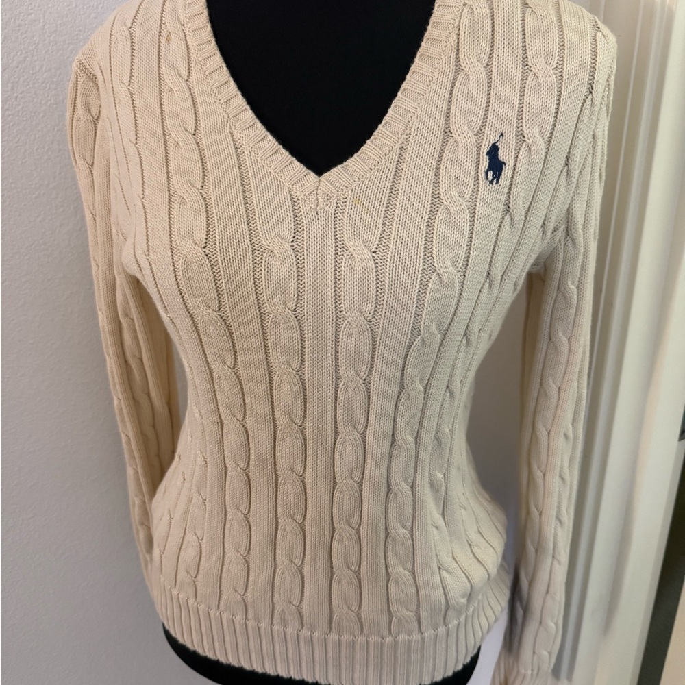 Ralph Lauren V-Neck Cable Knit Sweater in Cream *small stains